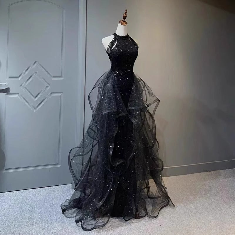 Beaded Halter Evening Dress | Elegant Fish Tail Gown - gallify.store