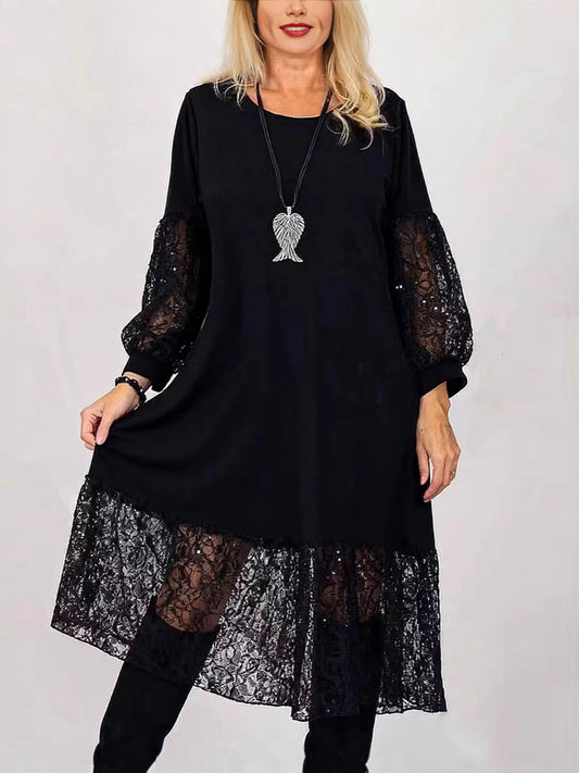 Black Lace A-Line Knit Dress - Long Sleeve Casual