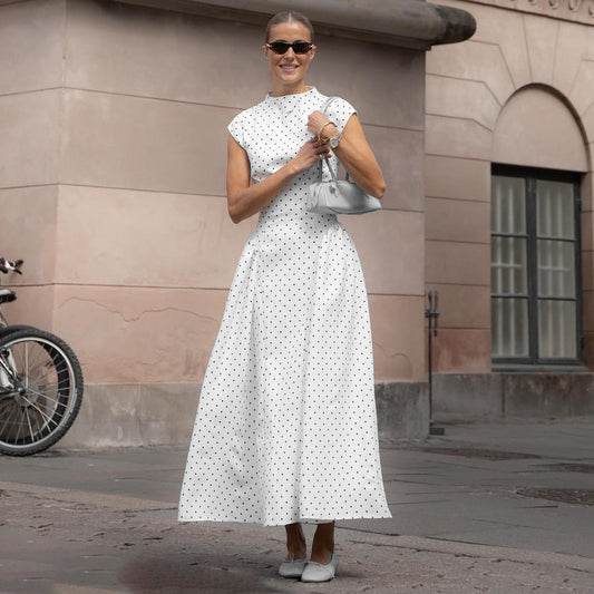 Women's Retro Dot Print Maxi Dress - High Waist A-Line Sleeveless - gallify.store