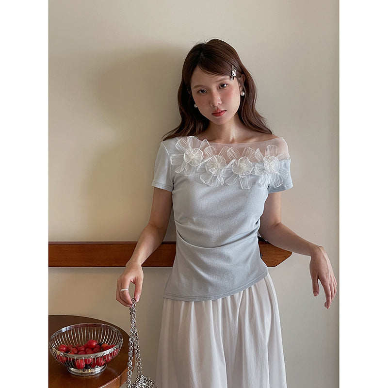 Floral Lace Trim One-Shoulder T-Shirt | Women's Summer Top
