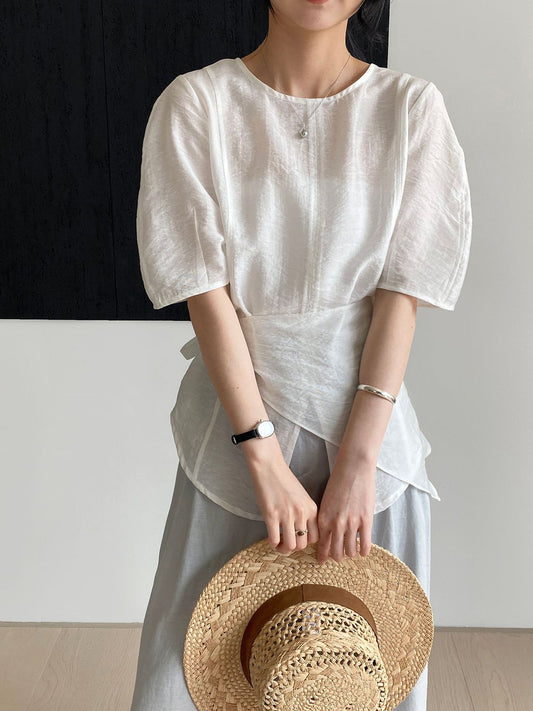 Women's Tencel Linen Puff Sleeve Shirt | Korean Style