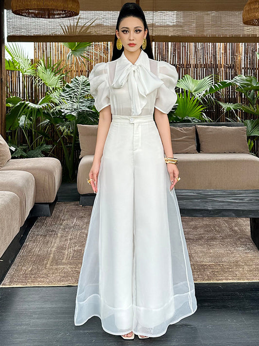 Women's Two-Piece Set - High-Waisted Wide Leg Pants & Button Top - gallify.store