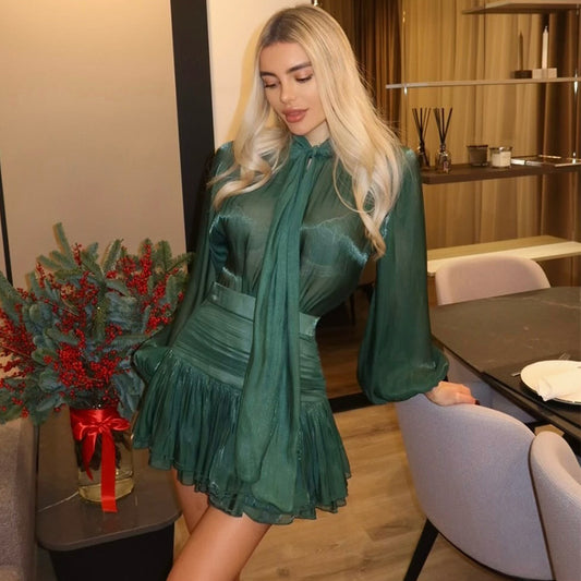 Bow Tie Shirt & Pleated Skirt Set | Puff Sleeve