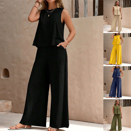 Women's Casual Cotton Two-Piece Set – Sleeveless Vest Top & Trousers