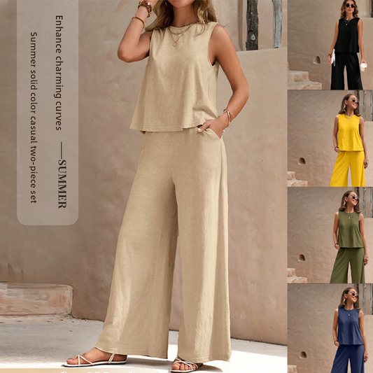 Women's Casual Cotton Two-Piece Set – Sleeveless Vest Top & Trousers