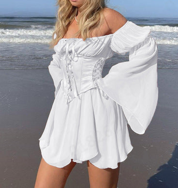 Women's Trumpet Sleeve Lace-Up Waist Dress – Sweet Flared Sleeve Style