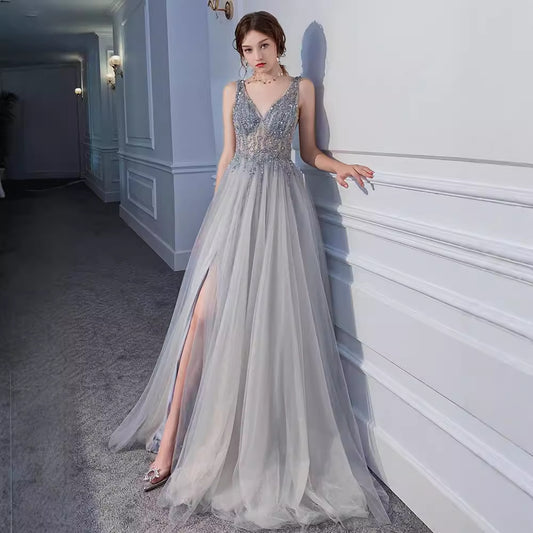 Sequin Backless Evening Dress | V-Neck Formal Gown - gallify.store