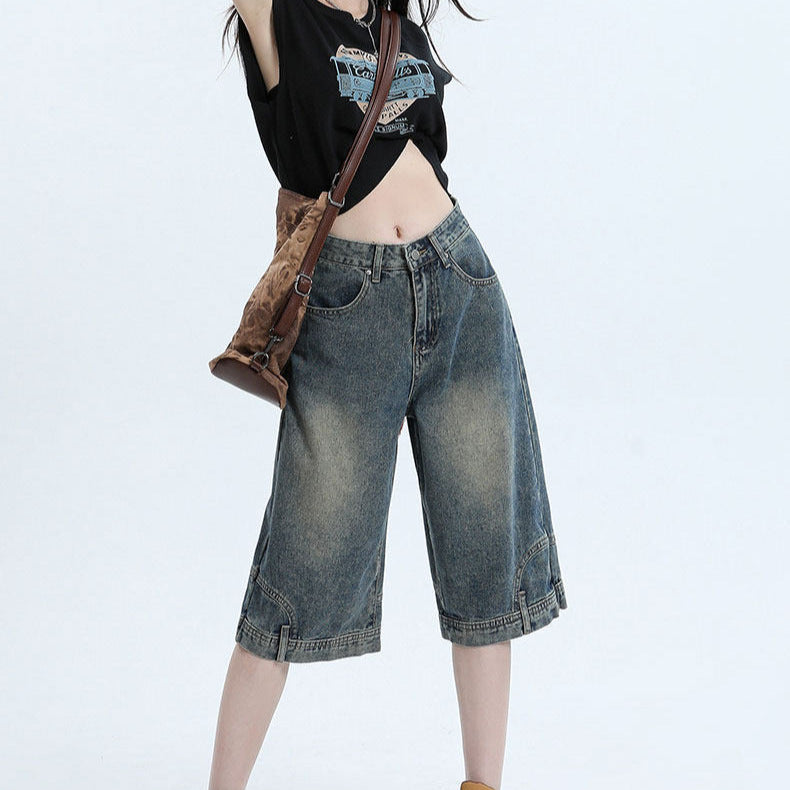 Retro High Waist Denim Shorts | Wide Leg