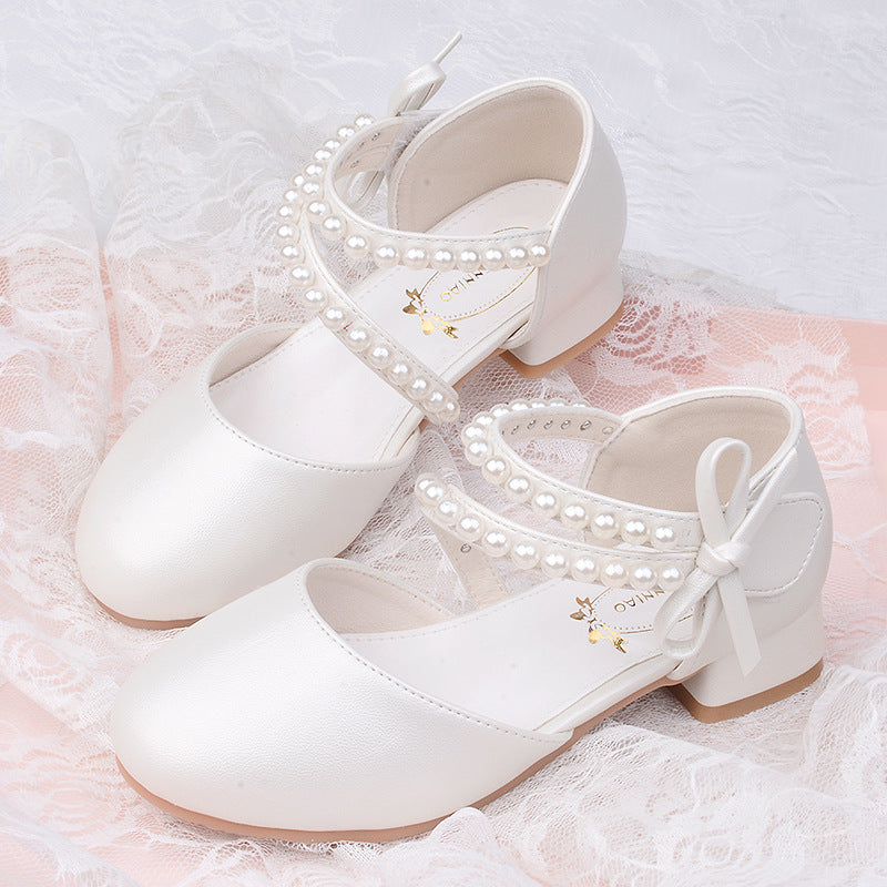 Girls Pearl Dress Shoes – Velcro Microfiber Princess Flats