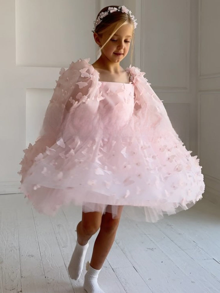 Girls Pink Princess Dress | Butterfly Puff Sleeve Tulle Dress - gallify.store