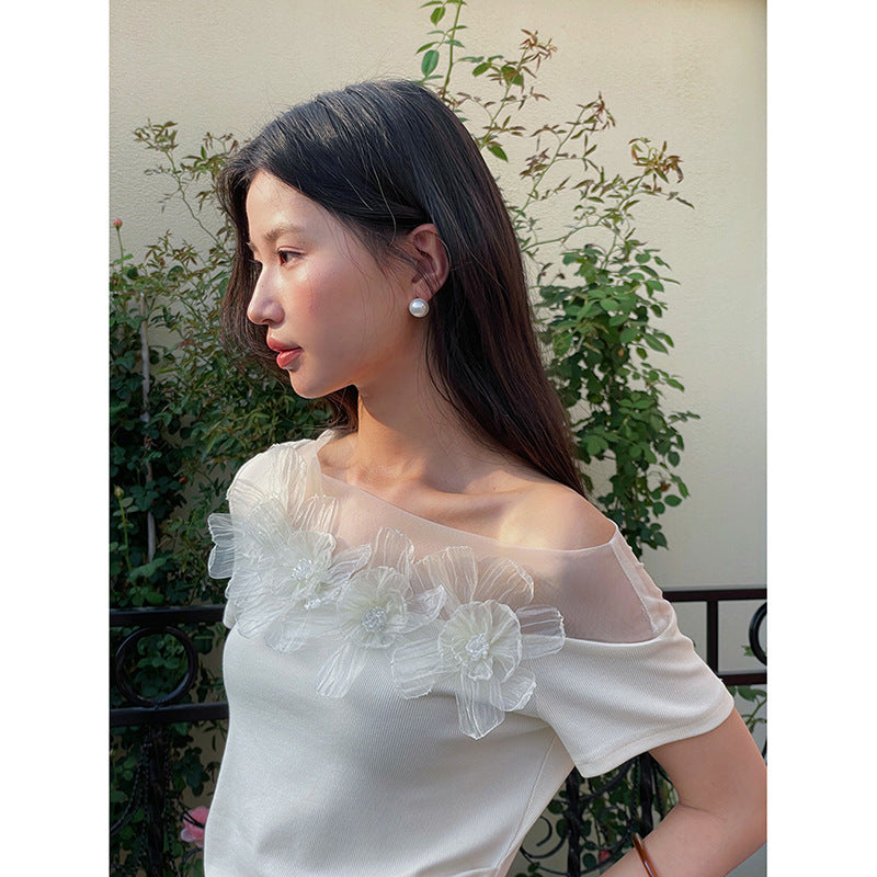 Floral Lace Trim One-Shoulder T-Shirt | Women's Summer Top