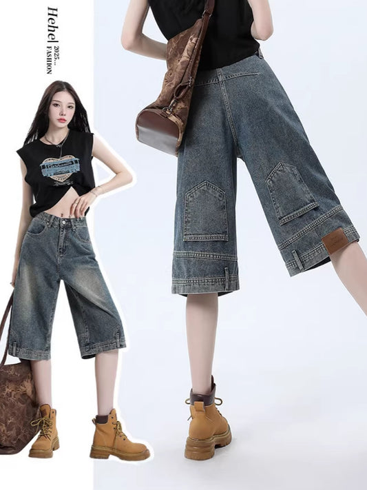 Retro High Waist Denim Shorts | Wide Leg