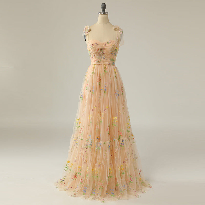 Floral Strappy Evening Dress with Small Tail