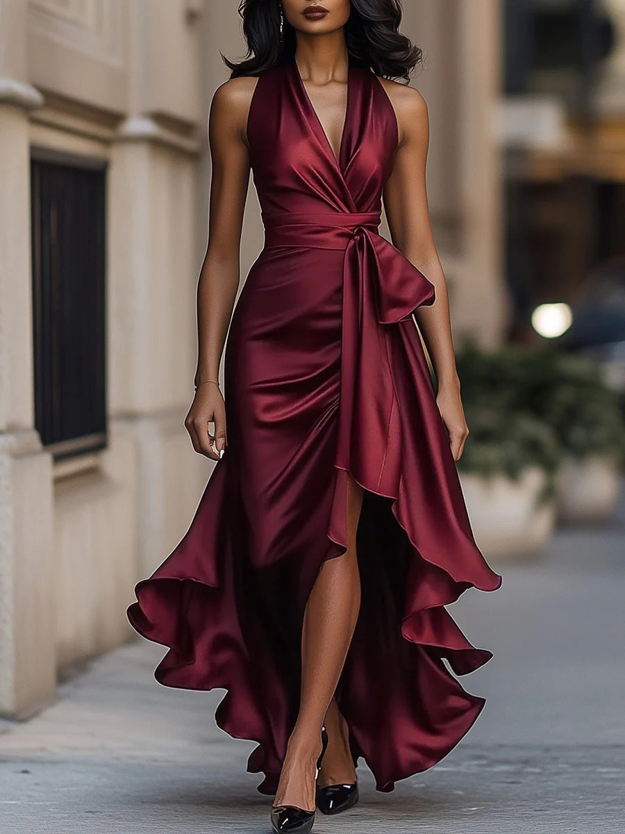 Women's Ruffled Satin Halter Dress – V-Neck Lace-Up Long Gown