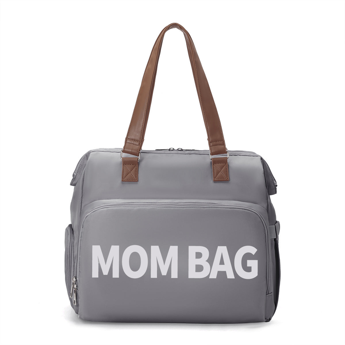 Gray bag with 'Mom Bag' text and brown handles on a white background