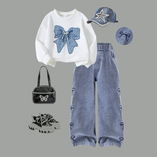 Girls 2-Piece Cotton Bow Sleeve Outfit | Denim Pants Set - gallify.store