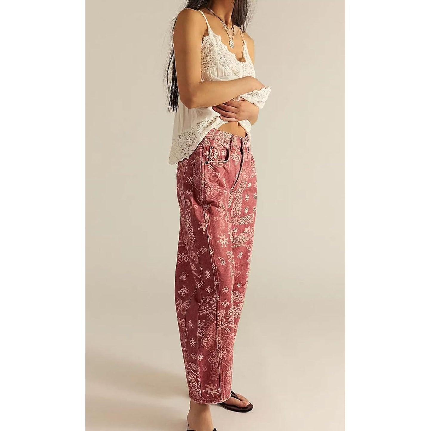 Floral Print Denim Wide Leg Trousers | High Waist
