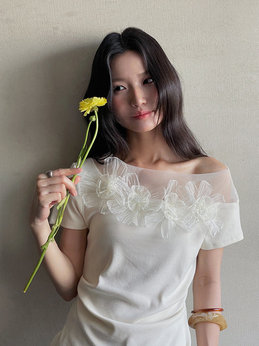 Floral Lace Trim One-Shoulder T-Shirt | Women's Summer Top