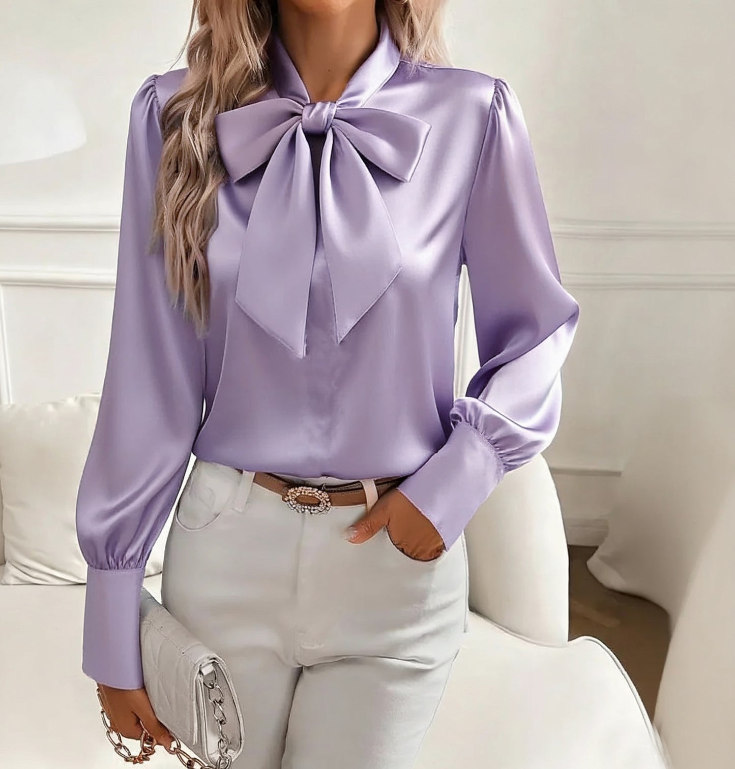 Women's Satin Bow Blouse | Long Sleeve | 8 Colours