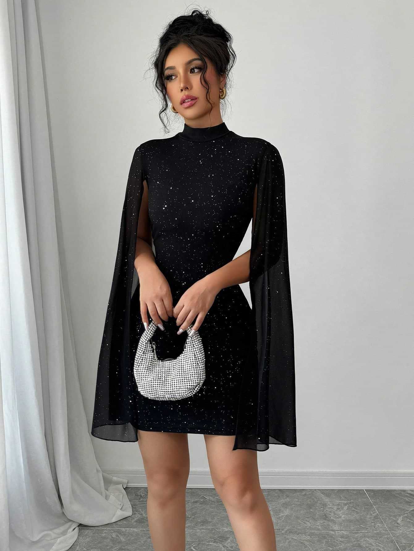 Shiny Bodycon Dress - Lantern Sleeves High Collar
