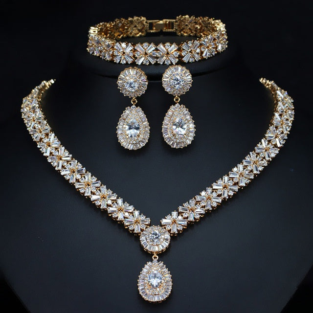 Gold Plated Cubic Zirconia Jewellery Set – Necklace, Earrings & Bracelet