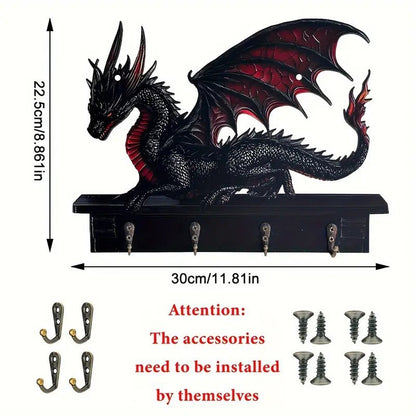 Dragon-shaped wall hook with measurements and installation accessories on a white background