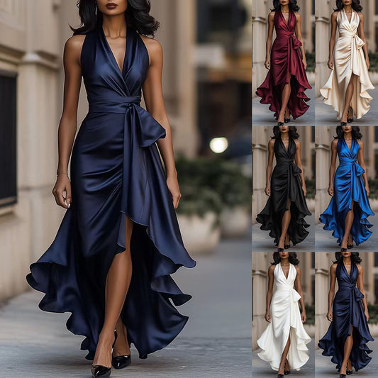 Women's Ruffled Satin Halter Dress – V-Neck Lace-Up Long Gown