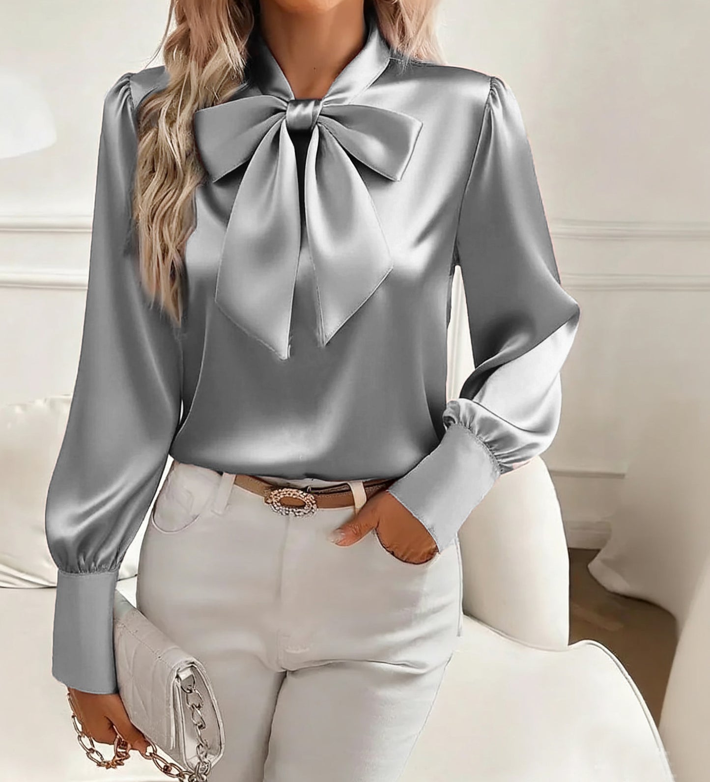 Women's Satin Bow Blouse | Long Sleeve | 8 Colours