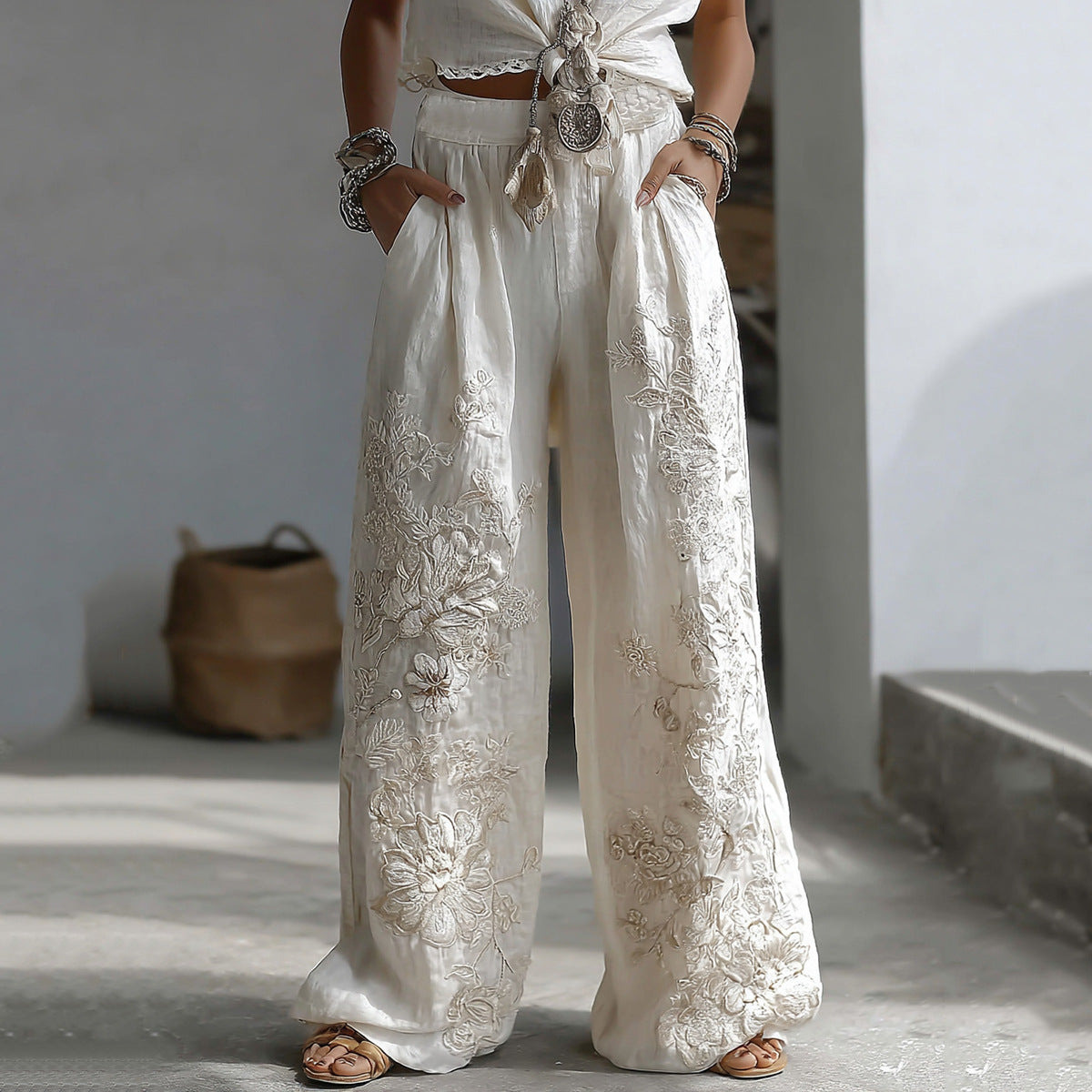 Women's Wide Leg Straight Pants with Side Panels