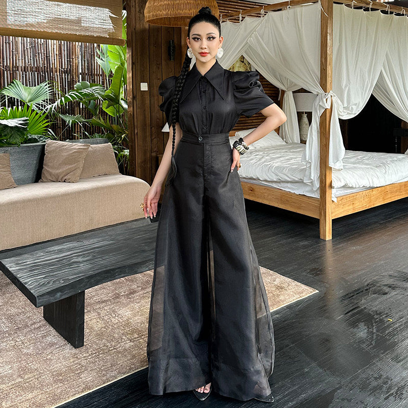 Women's Two-Piece Set - High-Waisted Wide Leg Pants & Button Top - gallify.store