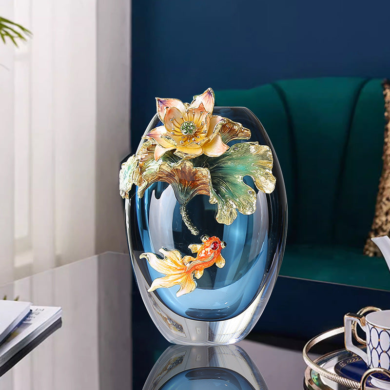 Handcrafted Glass Vase | Fish & Lotus Leaf Design - gallify.store
