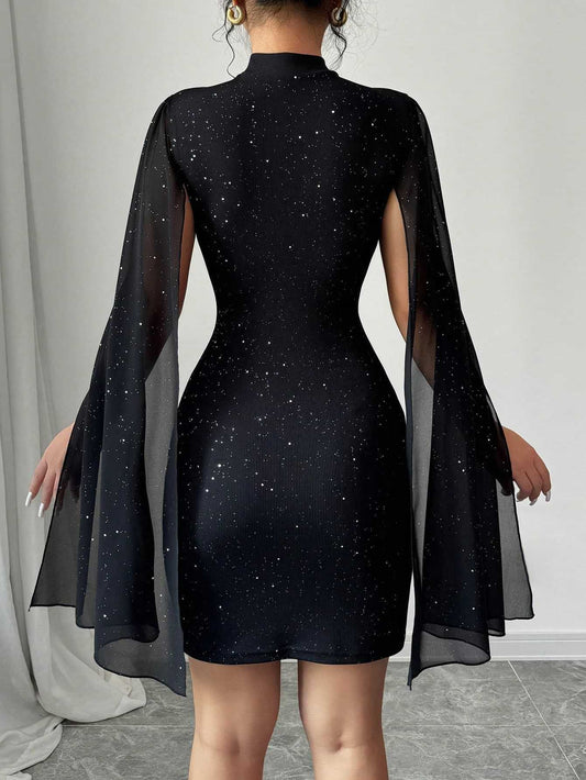 Shiny Bodycon Dress - Lantern Sleeves High Collar