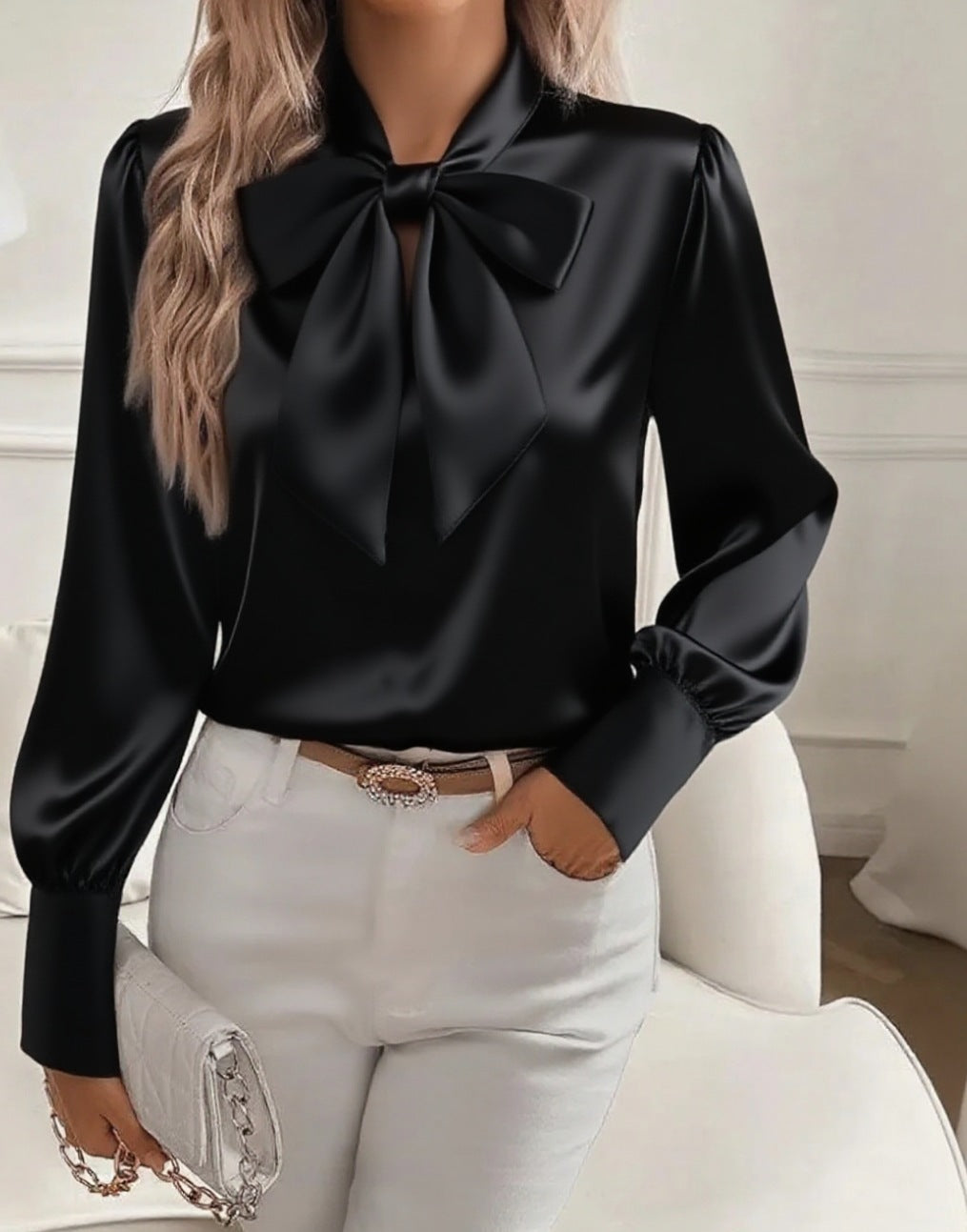 Women's Satin Bow Blouse | Long Sleeve | 8 Colours
