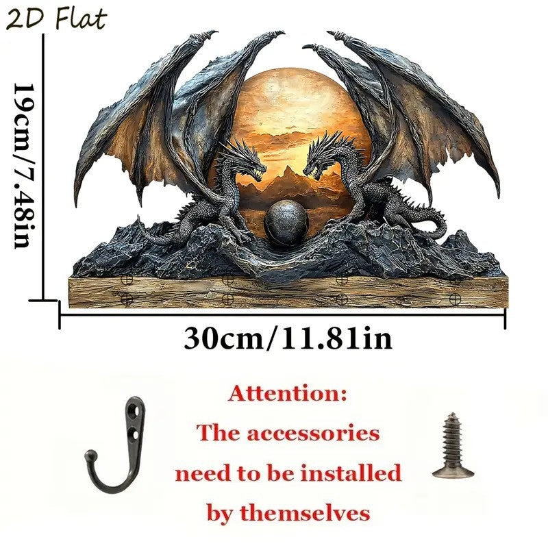 Dragon sculpture with sunset background and measurements on a white background