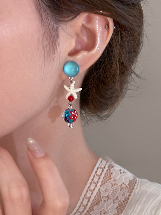 Starfish Tassel Earrings | Blue Glass Bead Drop Earrings - gallify.store