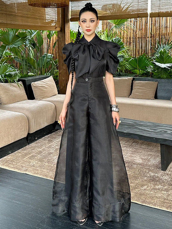 Women's Two-Piece Set - High-Waisted Wide Leg Pants & Button Top - gallify.store