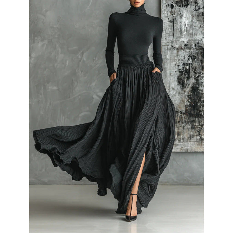 Women's French Retro Slim Midi Dress – Pleated Long Sleeve Elegant Style