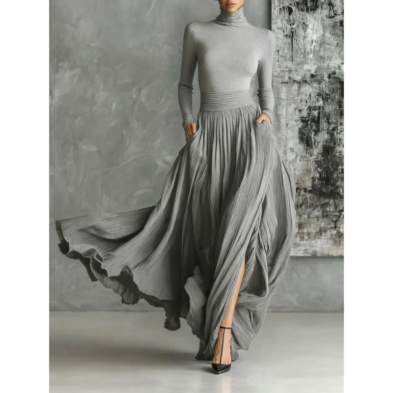 Women's French Retro Slim Midi Dress – Pleated Long Sleeve Elegant Style