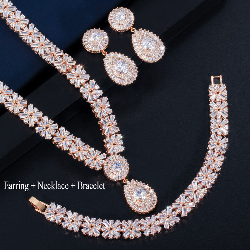 Gold Plated Cubic Zirconia Jewellery Set – Necklace, Earrings & Bracelet