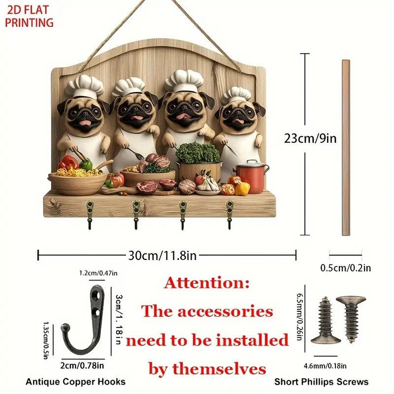 Decorative wall hook with cartoon pug design and measurements on a white background