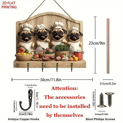 Decorative wall hook with cartoon pug design and measurements on a white background