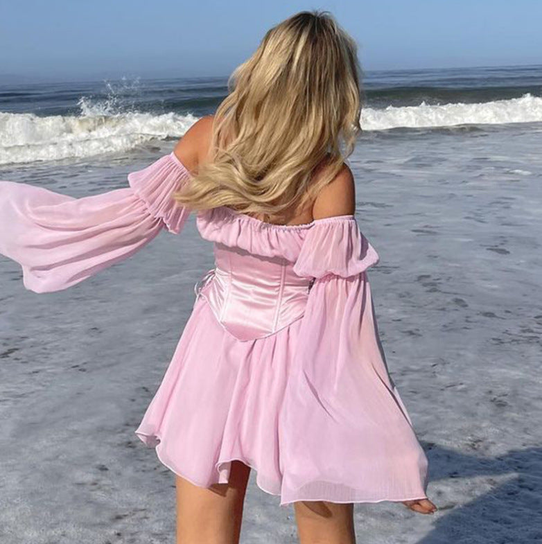 Women's Trumpet Sleeve Lace-Up Waist Dress – Sweet Flared Sleeve Style