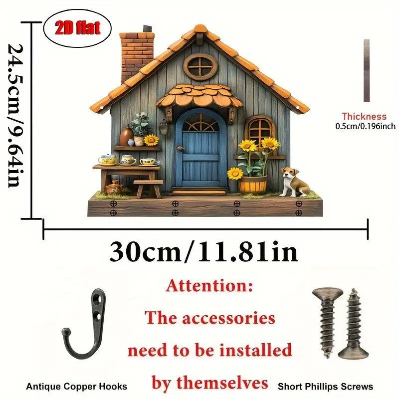 Small model house with measurements and installation instructions on a white background