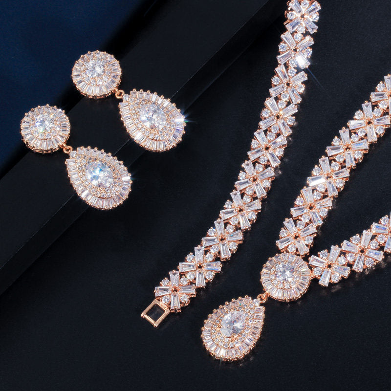 Gold Plated Cubic Zirconia Jewellery Set – Necklace, Earrings & Bracelet
