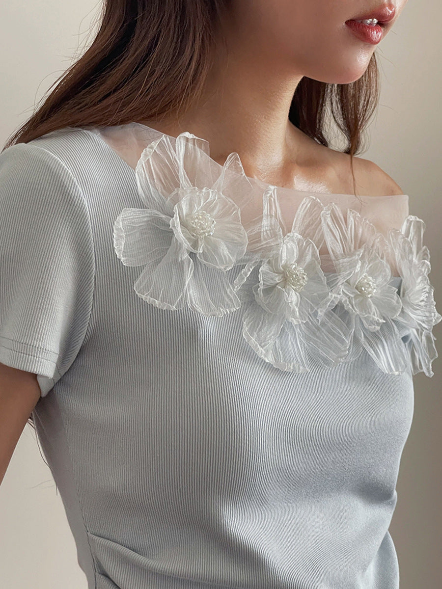 Floral Lace Trim One-Shoulder T-Shirt | Women's Summer Top