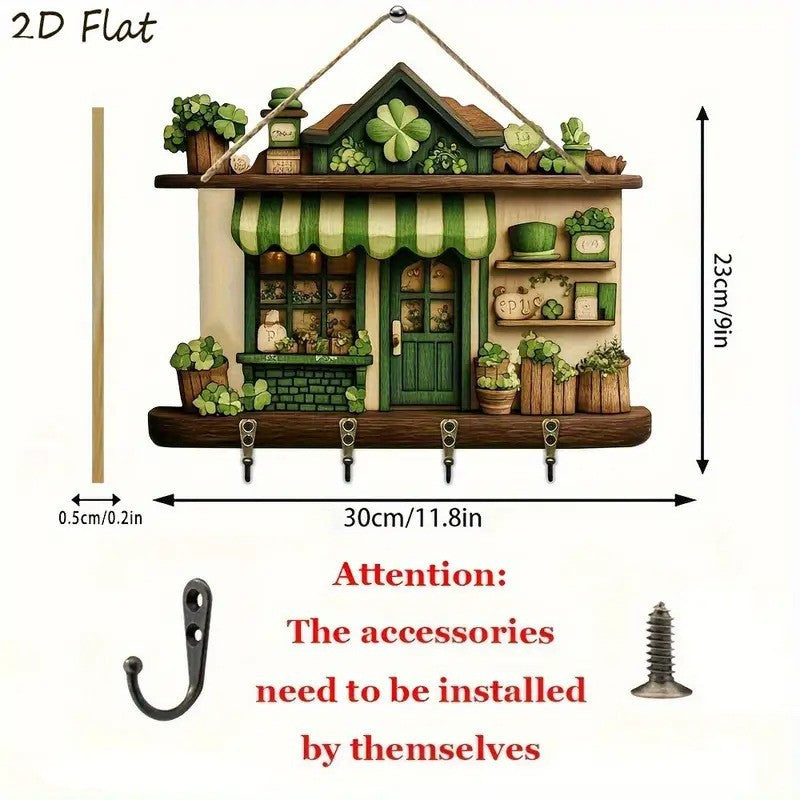 Decorative wall hook with house design, plants, and dimensions on a white background