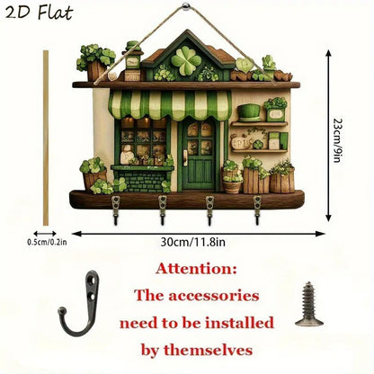Decorative wall hook with house design, plants, and dimensions on a white background