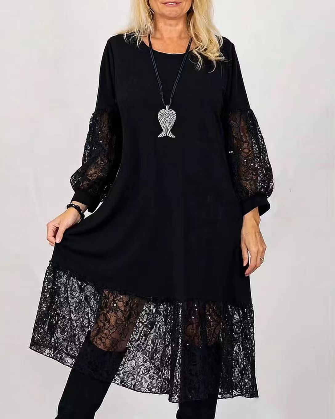 Black Lace A-Line Knit Dress - Long Sleeve Casual