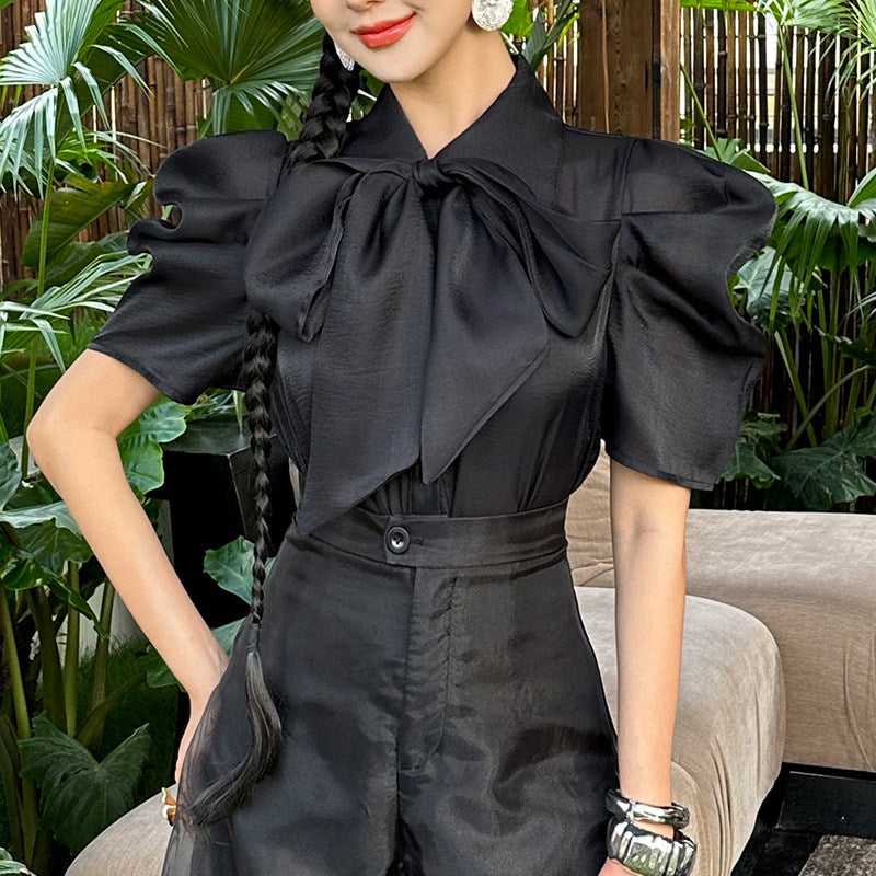 Women's Two-Piece Set - High-Waisted Wide Leg Pants & Button Top - gallify.store