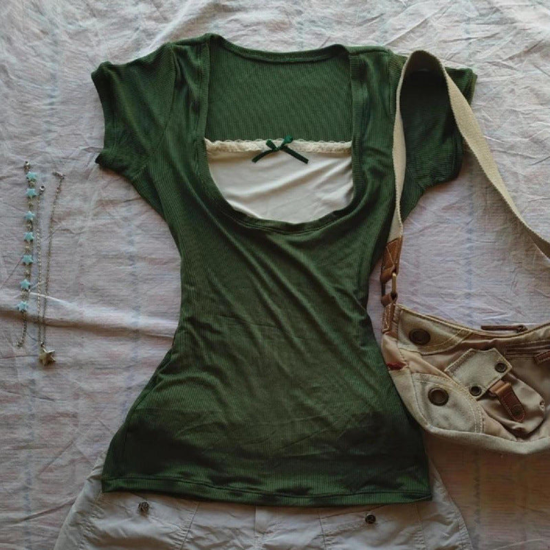 Women's Vintage Green Lace Bow Short Sleeve Top